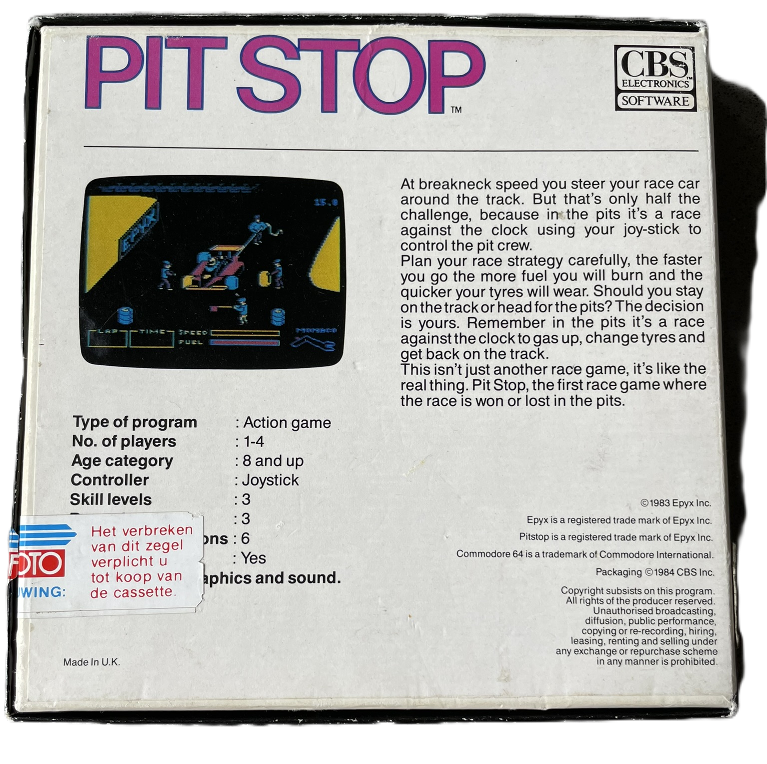 commodore 64 pitstop tape box back