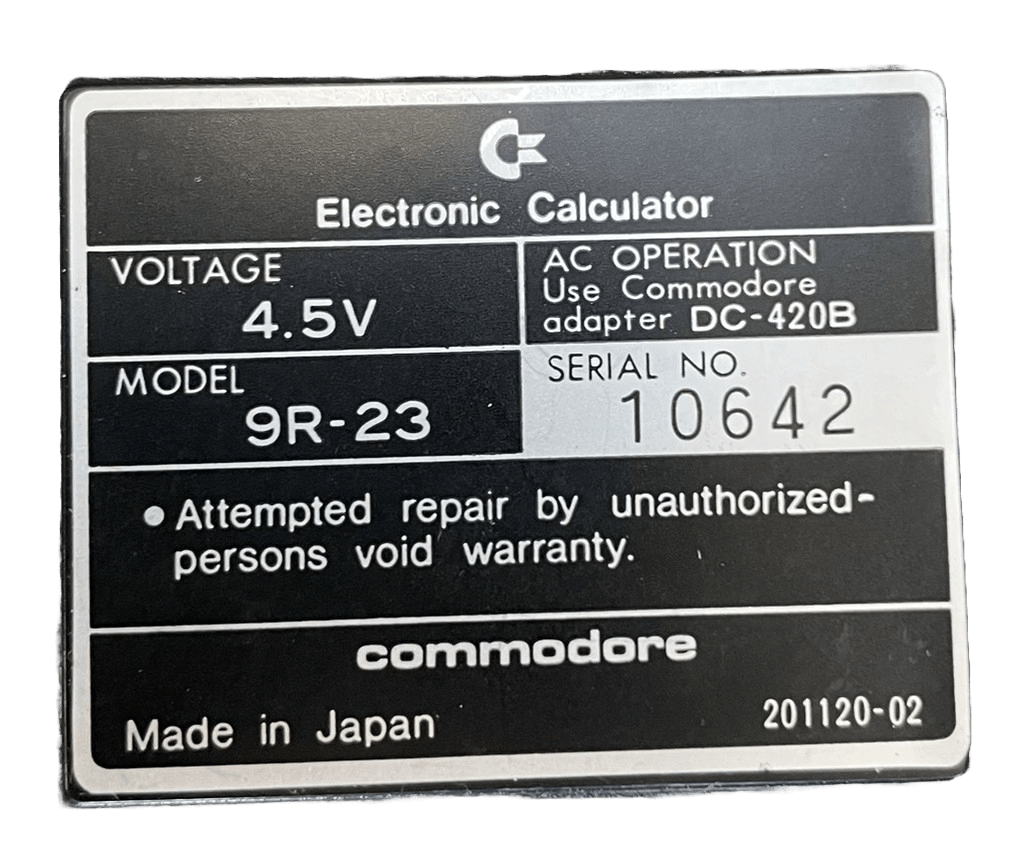 Commodore Calculator 9R 23 serial label